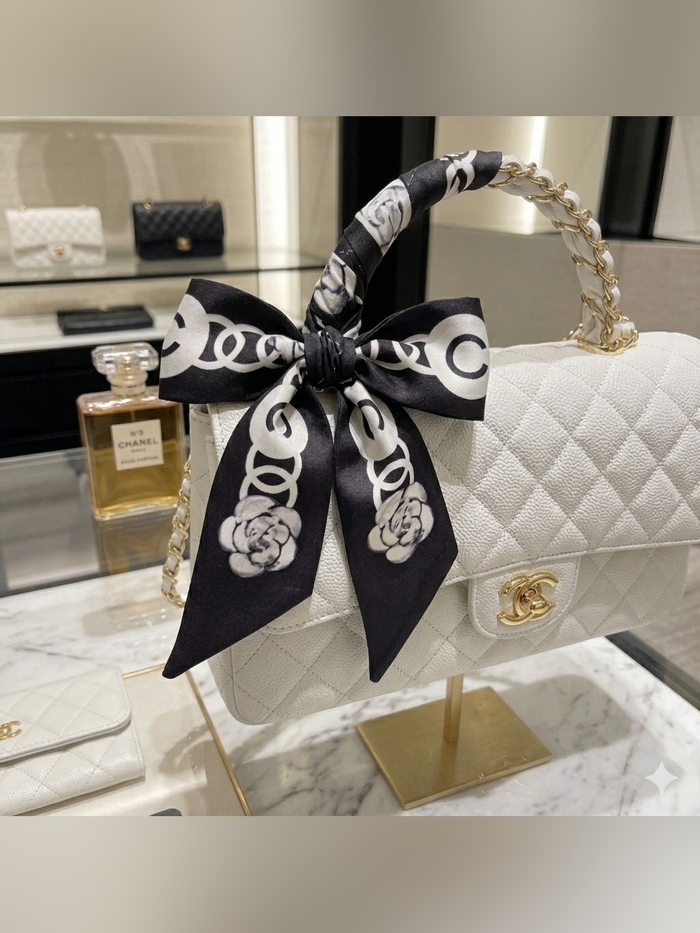 Parisian Chic Floral & Quilted Silk Skinny Scarf (Twilly)